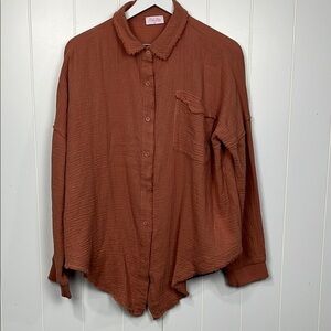 Pink Lily Womens Shirt L Rust Long Sleeves Button Up Raw Seams Pocket Cotton EUC